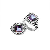 Handmade sterling silver Balinese ring with cushion-cut Mystic Quartz in dotted bezel design.